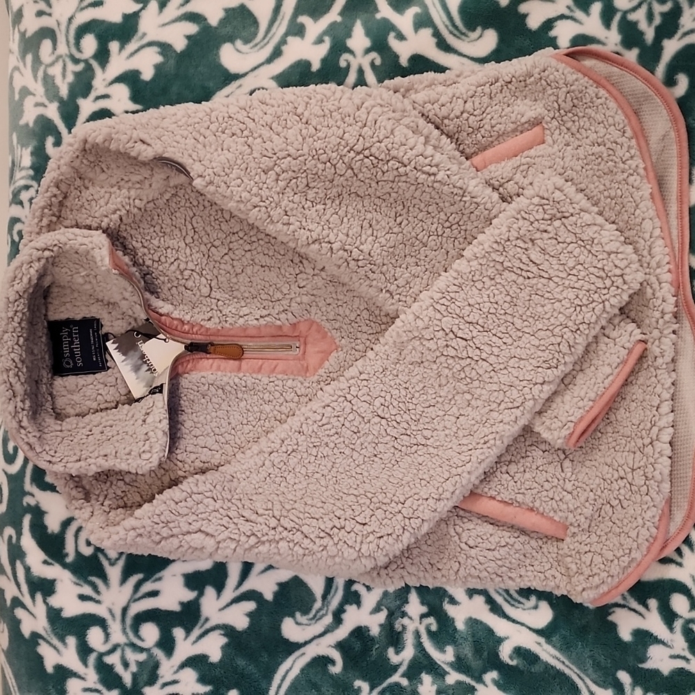 New Simply Southern 1/4 Zip Pullover Gray and Pink Size Large